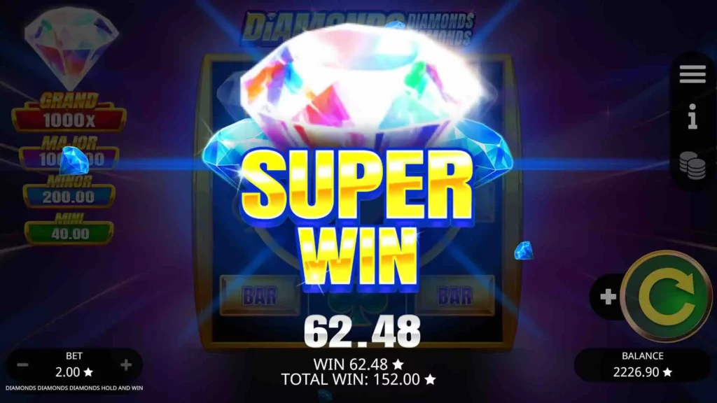 Diamonds Diamonds Diamonds: Hold and Win slot game with sparkling gems and jackpots at WildTornado.
